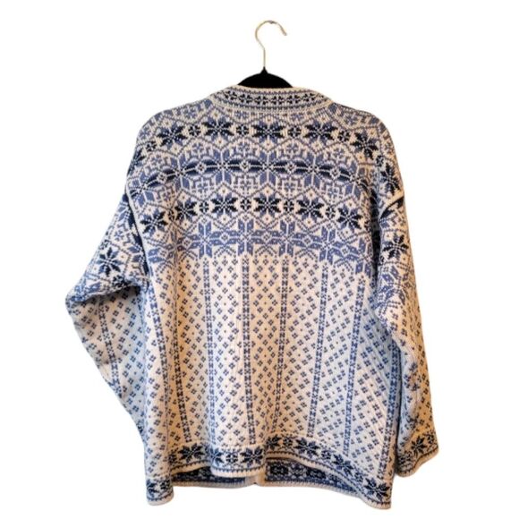 Dale of Norway Blue and White Fair Isle Button Front Pure Wool Sweater Size L - Picture 2 of 9